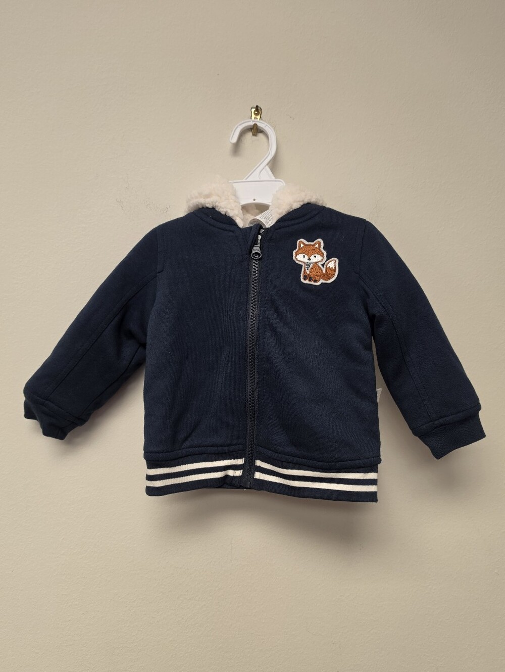 Robeez Fox Patch Sherpa Lined Reversible Hoodie Jacket Navy Blue White 12 M
